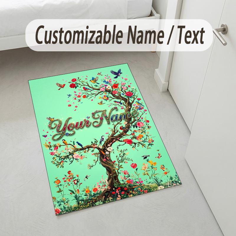 Floral Garden Theme Crystal Velvet Rug Personalized Custom Name Text Soft Floor Mat Home Decor