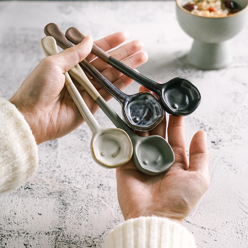 4PCS Handmade Japanese Rustic Pottery Spoon Under-glaze Painting Dessert Spoon Soup Spoon  Kitchen
