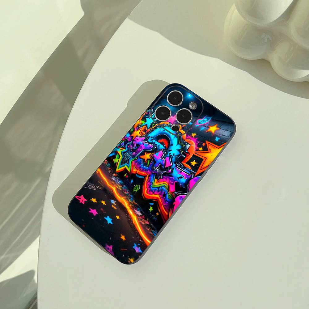 Cool -Colorful Graffiti Phone Case For iPhone 17,16,15,14,13,12,11 Pro Max,16Plus,XS Soft Black Cover