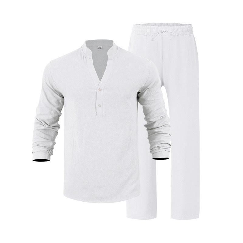 Linen autumn new men's loose casual breathable V-neck Henry shirt long-sleeved trousers set