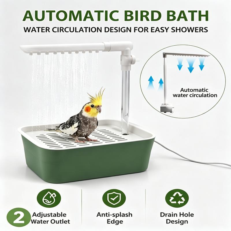 Automatic Bird Bath for Budgies with Pump, USB Rechargeable Parrot Shower Fountain, Adjustable Water Flow Circulation Bathtub, Q