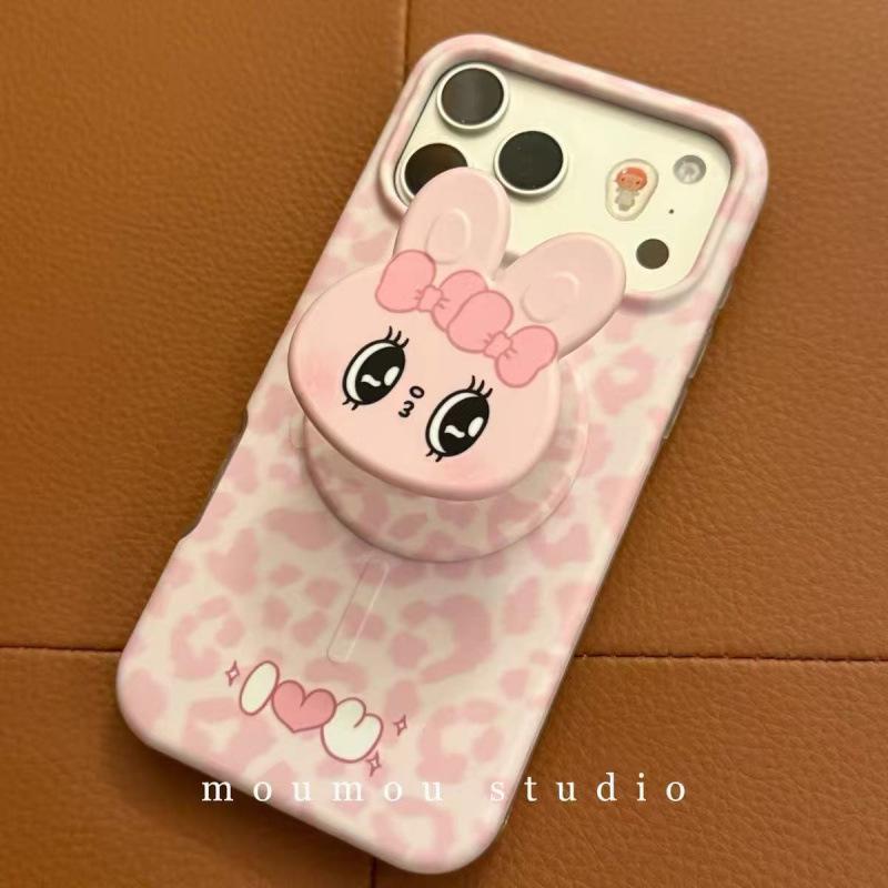 Ancient Pink Leopard Print Rabbit Magnetic Suction Bracket for iPhone17promax Apple 16 Mobile Phone Case 15 New Models