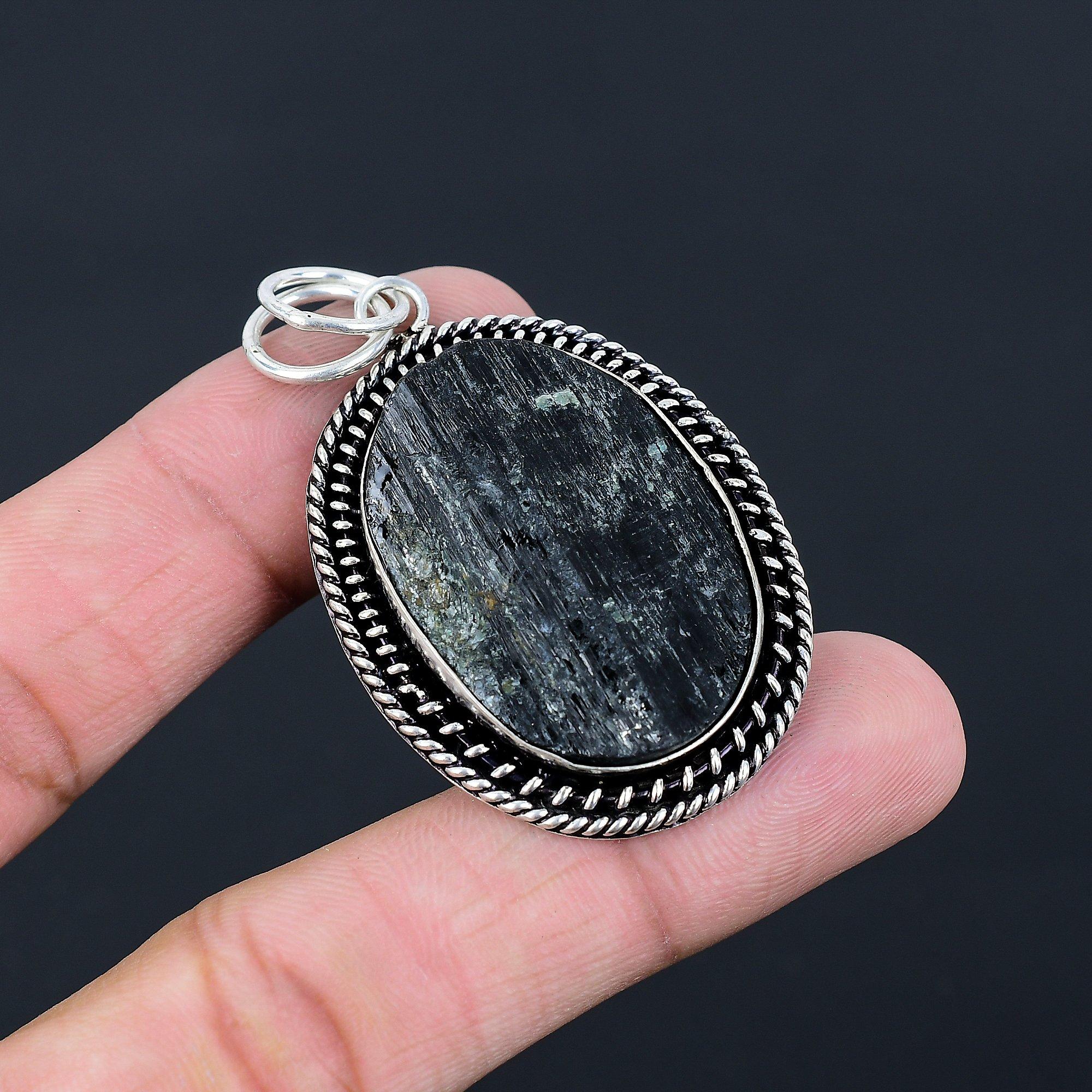 Natural Black Tourmaline Rough Engagement Wedding New Pendant Jewelry 925 Silver