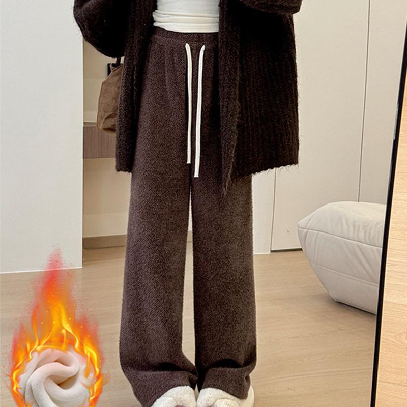 Kordelzug High Waist Plüschhose für Damen Winter Fleece Gerade Weiter Bein Lässige Hose Frau Locker Verdickt Warme Hose Mujer