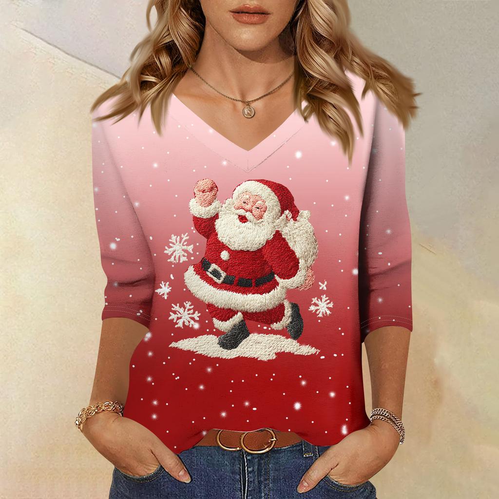 3/4 Sleeve Shirts For Women Print Christmas Tees Blouses Casual Plus Size Basic Tops Pullover