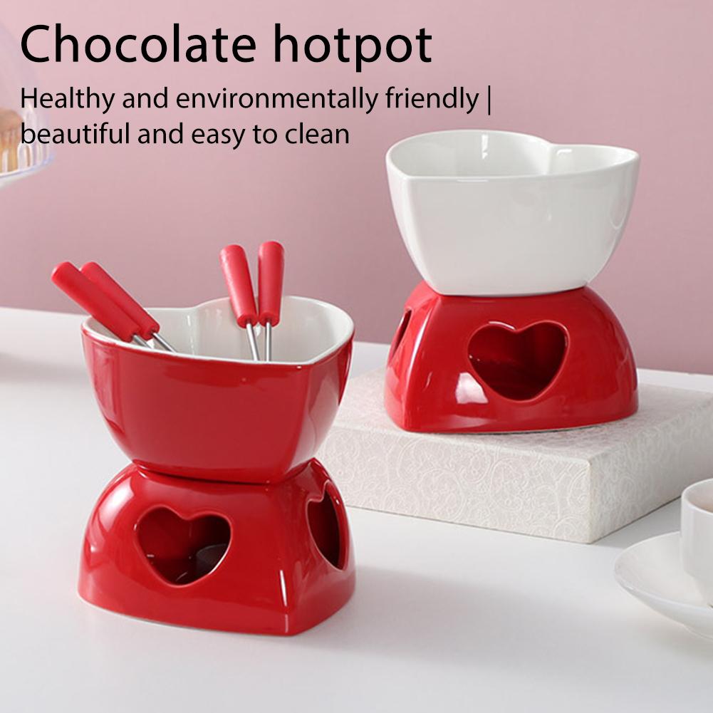 Romantic Heart-Shaped Ceramic Fondue Pot Set Red & White Dessert/Cheese Melting Versatile Chocolate Dipping Bowl For Ice Cream