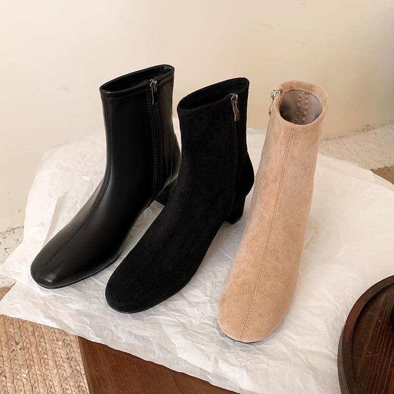 Wear Doctrine~ New Round Head Thick High Heel Elastic Socks Boots Skinny Boots Women's Short Boots