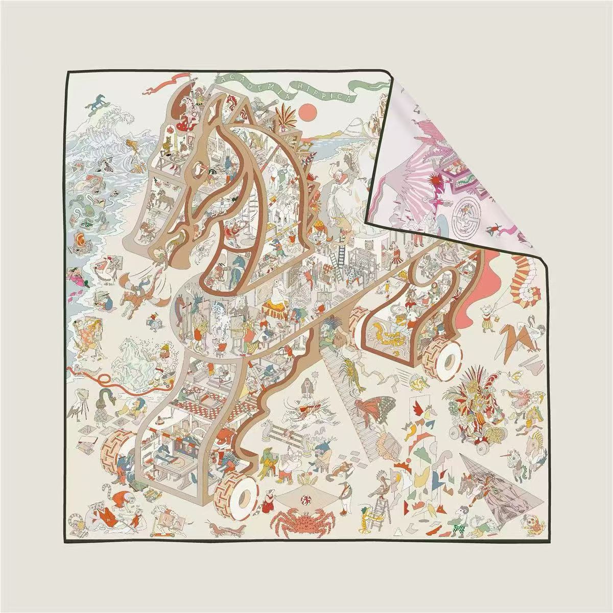 Autumn New Handmade Double-Sided Printed Silk Scarf With Elegant Roll Edge Hourse Pattern High Quality Scarf 90x90cm