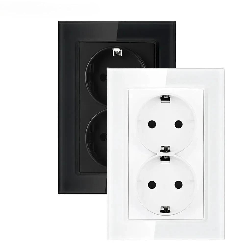 

French Electrical Socket 16A 220V Double Wall Outlets Glass Crystal Panel 123*86mm New Built-in Plug Home Improvement EU