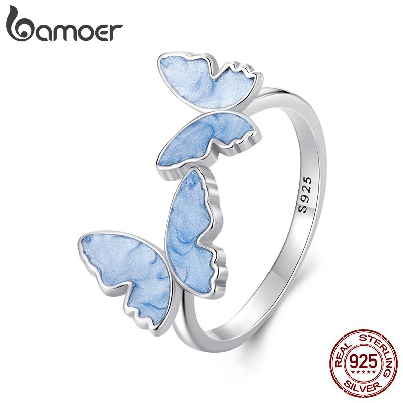 BAMOER 925 Silver Blue Butterfly Adjustable Ring, White Gold Plated Promise Christmas Cute Rings Dainty Chic Jewelry