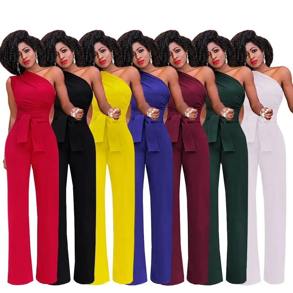 Women's Jumpsuit Solid Skew Collar Crop Top Straight Pants Belt Sexy Sleeveless Loose Pants Elegant Charming Playsuits