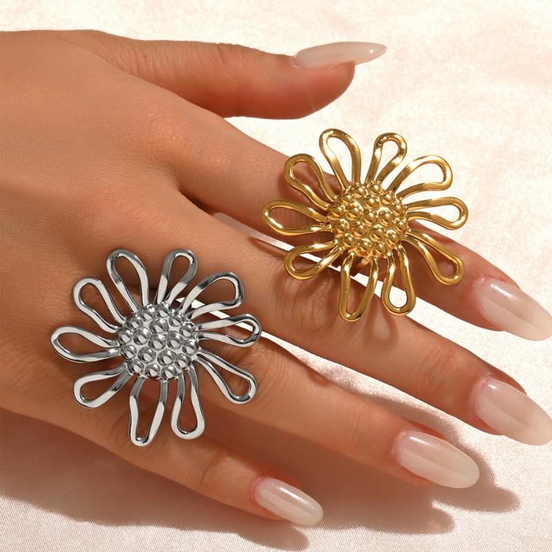 Stainless Steel Hollow Out Rings Women Sunflower Flower Exaggerated Open Rings Fashion Non Fading Party Jewelry Accessories Gift