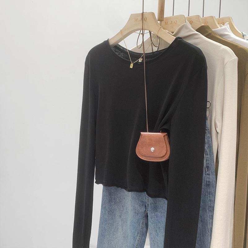 

Женский топ 2025 года с закругленным круглым вырезом и длинными рукавами, белый Small чёрный