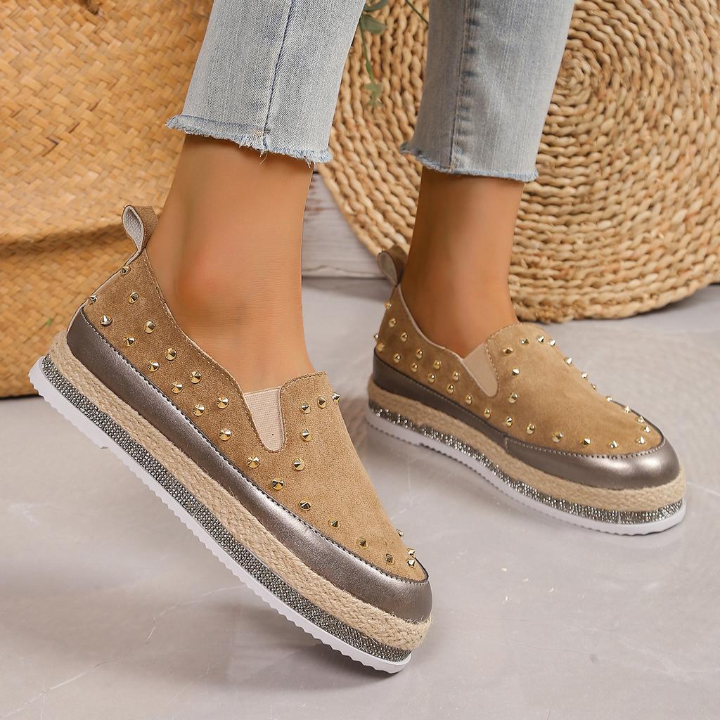 Fashion Fashion Metal Rivets Loafers Shoes for Women 2024 Autumn Crystals Sole Slip On Flats Woman Lightweight Non Slip Walking Shoes