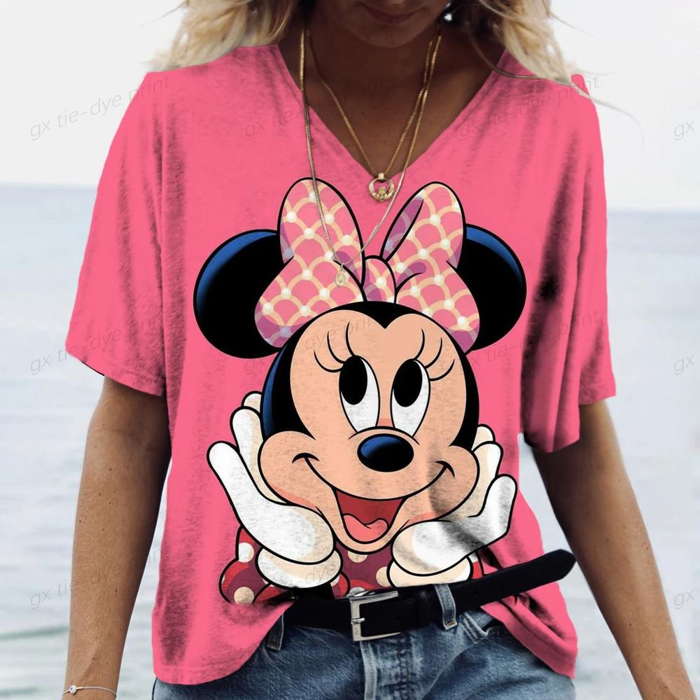 New Women Disney Mickey Mouse Print Vintage T Shirts Women Tops V Neck Pullovers Casual Streetwear Short Sleeve Tops Summer