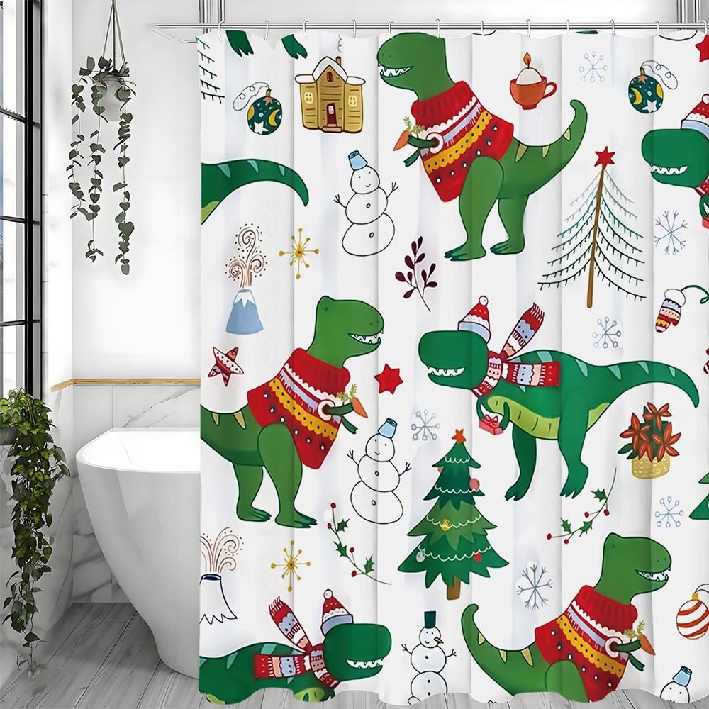Green Dinosaur Shower Curtain, Bathroom Decorative Shower Curtain, Waterproof Shower Curtain with Hooks