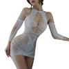 Sexy Nightdress Sleeve Cover Set Hollow Out See-through Elastic Lace Skinny Soft Solid Color Ultra Short Off Shoulder Backless Seductive Pornographic