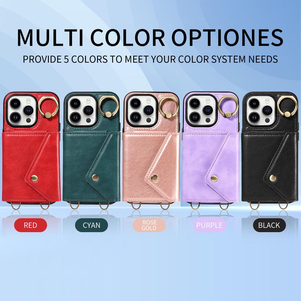 Para iPhone 16 Series.para iPhone 16,16 Plus,16 Pro,16 Pro Max Alça de Ombro Corda Anel Suporte Design Slots para Cartão Padrão Lichee Capa para Telefone