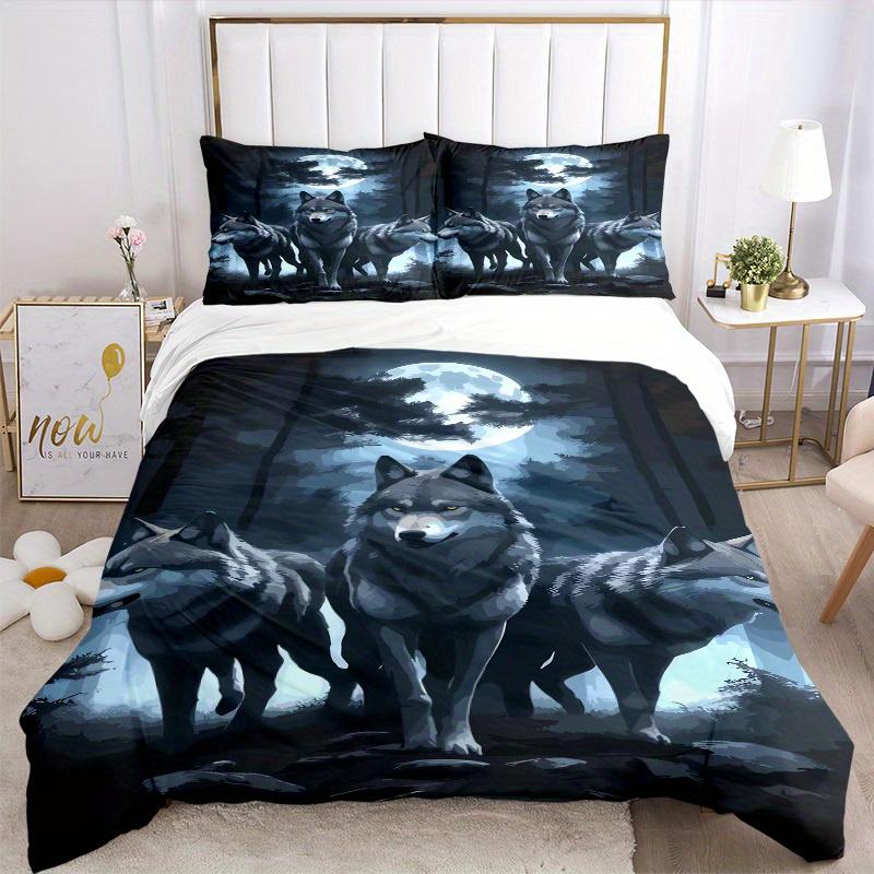 3pcs Wolf Pack Moonlight Bedding Set Down Comforter Cover and Pillowcases, Suitable for All Seasons(No Insert)-0729075