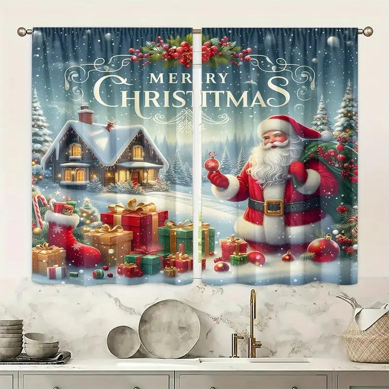 Set Of 2 Santa Claus Pattern Filtering Polyester Curtains Christmas Home Windows Classic Made