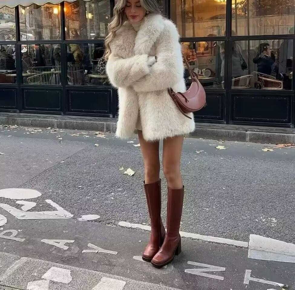 Eco-friendly Faux Fox Fur Mid-length Coat, Thickened Winter 2025 - European/American Style