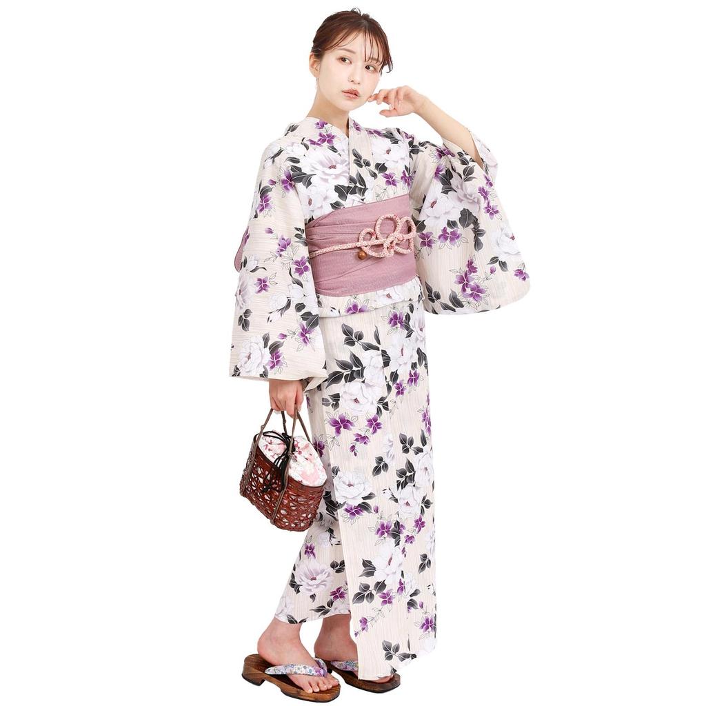 Fuuka Yukata Set with Separate One Size Fits Gardenia and Made in Wisteria X14H27B255 Women's Two-Piece Obi, All, White-Purple (Heko Obi, Japan,
