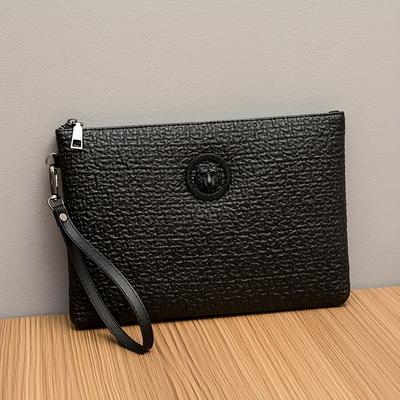 Men's Black Handbag with Zipper Closure & Wrist Strap - Stylish Crocodile Texture Wallet for Everyday Use, Compact & Durable Design Wallet Bag