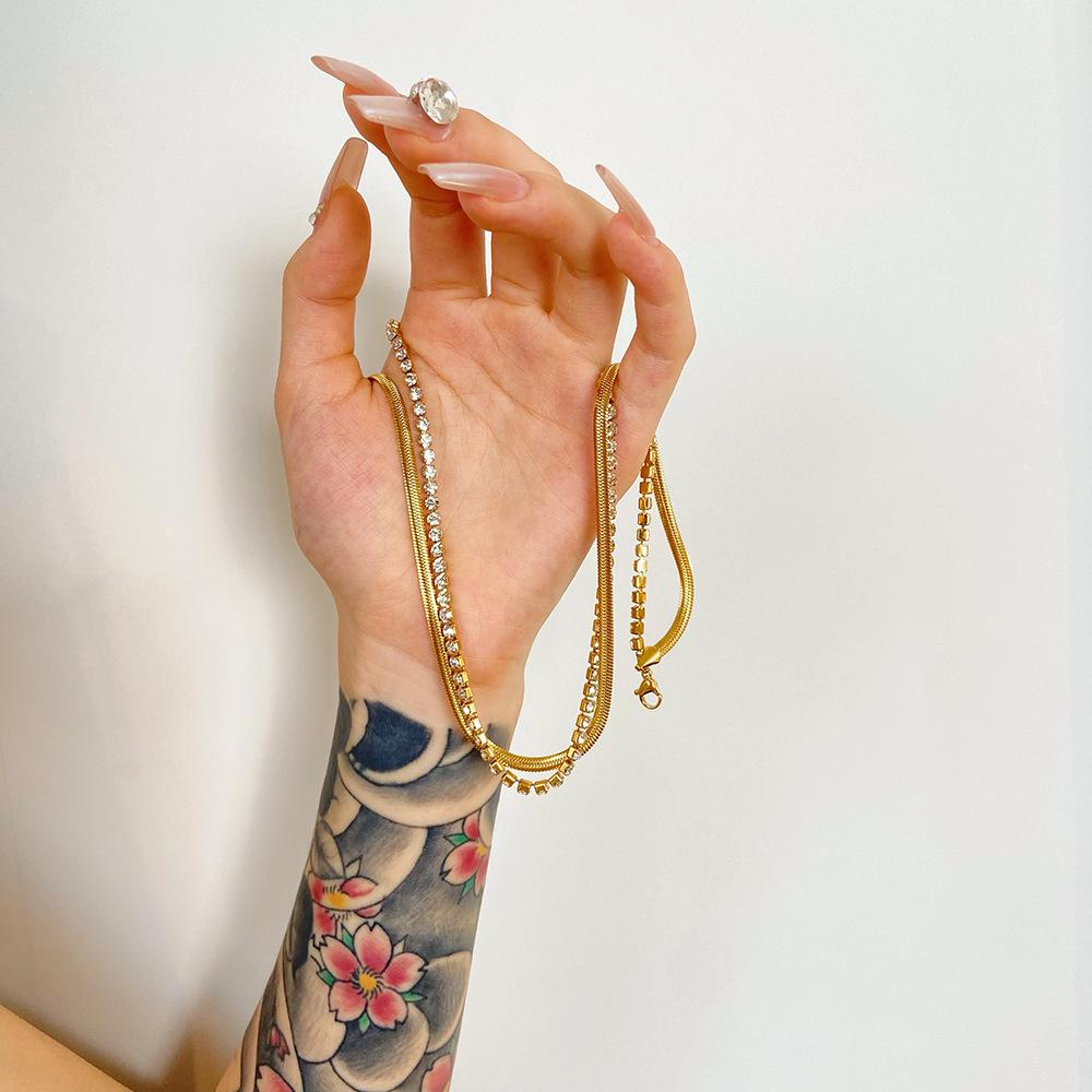 18K Gold European-American Luxury Tennis & Snake Chain Double-Layer Necklace - Stainless Steel, Waterproof, Versatile Clavicle Accessory