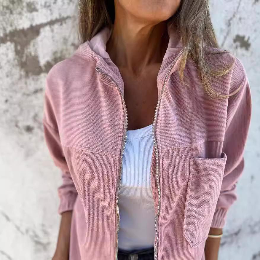 Autumn Solid Color Jacket Coat Women's Simple Style Corduroy Hooded Coats Women Fashion Pocket Long Sleeve Casual Jackets