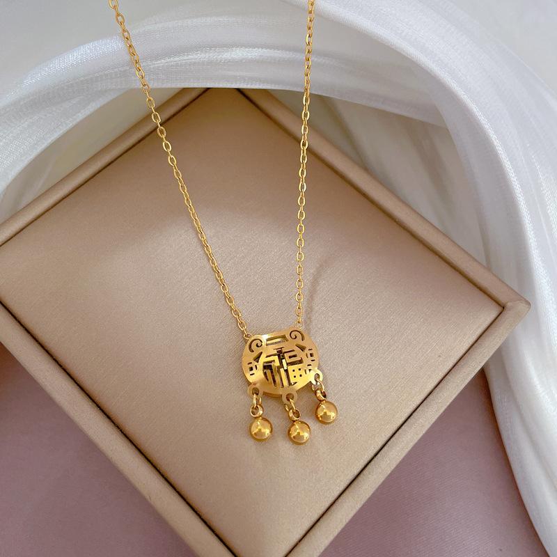 Minimalist Blessing Character Long Life Lock Furnace Real Gold Necklace Female Collarbone Chain With Jewelry