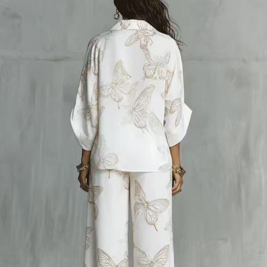 Nuovo completo due pezzi moda e casual con stampa di farfalle europee e americane, camicia larga con cerniera, pantaloni a gamba larga