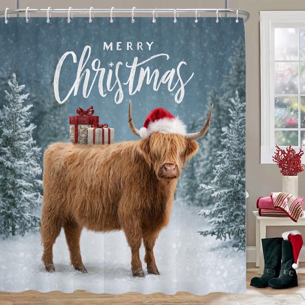 Merry Christmas Shower Curtain With Hooks Christmas Highland Cattle Shower Curtain Home For Decoration Curtain