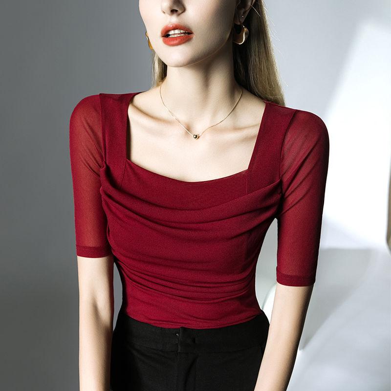 Fransk Vintage Firkantet Hals Halvarmet Tyllbluse Dame Sommer Ny Mote Undertrøye