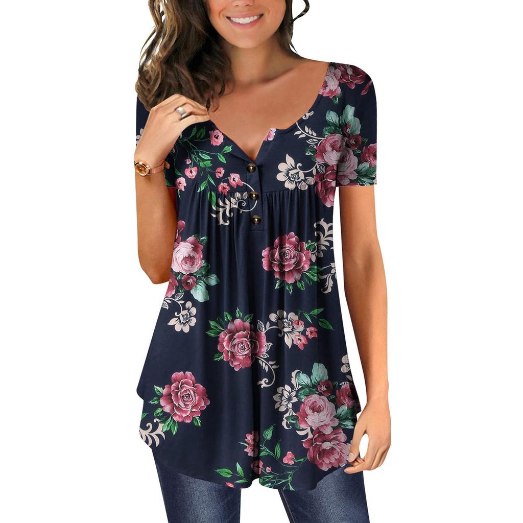 Women's V-Neck Color Block Patchwork Printed Button Flower Short Sleeve T-shirt Top