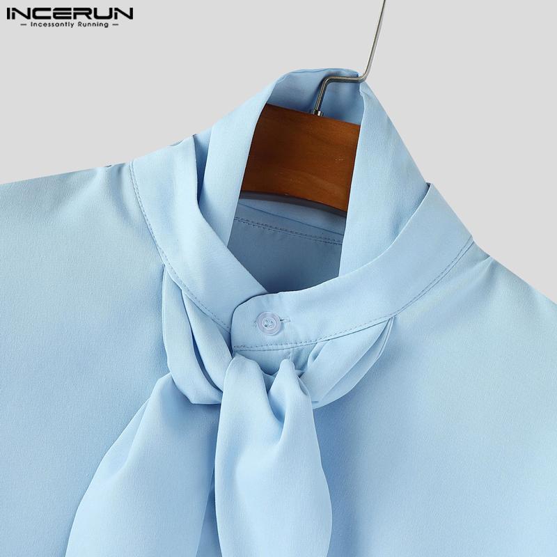 INCERUN Oversized Men Tie Neck Solid Color Buttons Casual Shirts