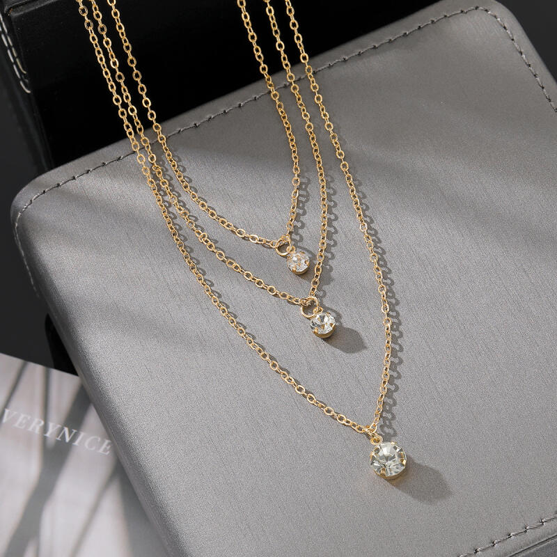 Exquisite Three Layer Circular Rhinestone Pendant Necklaces for Women Ladies Temperament Stacking Necklaces Jewelry Accessories