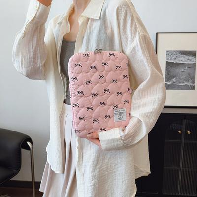 Bowknot Fluffy Padded Bag Embroidery Puffy Protective Case Shockproof Cute Quilted Laptop Sleeve Computer Storage Bag