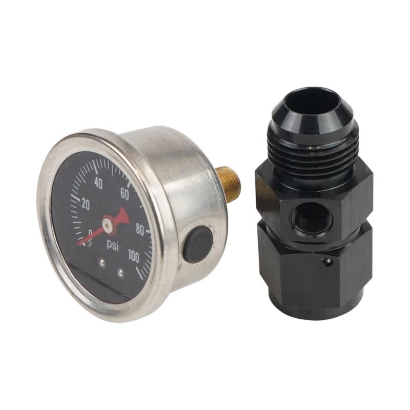 Fuel Pressure Gauge with 4AN Fuel Pressure Take Off Fitting, 0-100Psi, 1-1/2" Black Dial, 1/8"NPT Center Back Mount