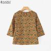 ZANZEA Women Casual V-Neck 3/4 Sleeve Loose Floral Print Blouse