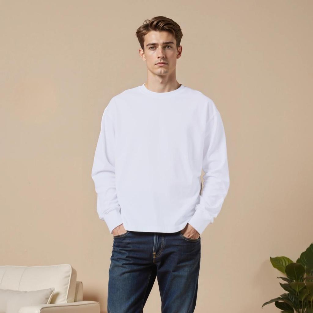 Spring and Autumn Pure Cotton Soft Breathable Fabric Round Neck Long Sleeved T-shirt for Men and Women, Loose Fit Base Shirt