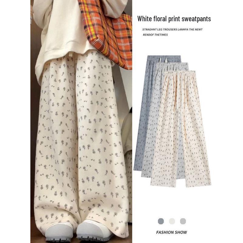 

Женские цветочные весенние широкие спортивные штаны: Брюки с высокой посадкой, свободные, повседневные, прямого кроя Small абрикосовый