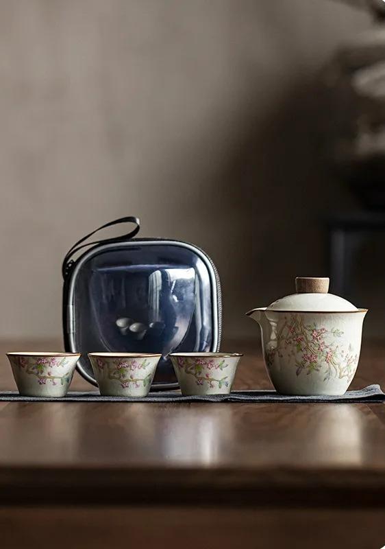 Mihuang Ru Kiln Quick Cup Powder Peach Spring Three Cups Square Package Ceramic Travel Kung Fu Tea Set Portable