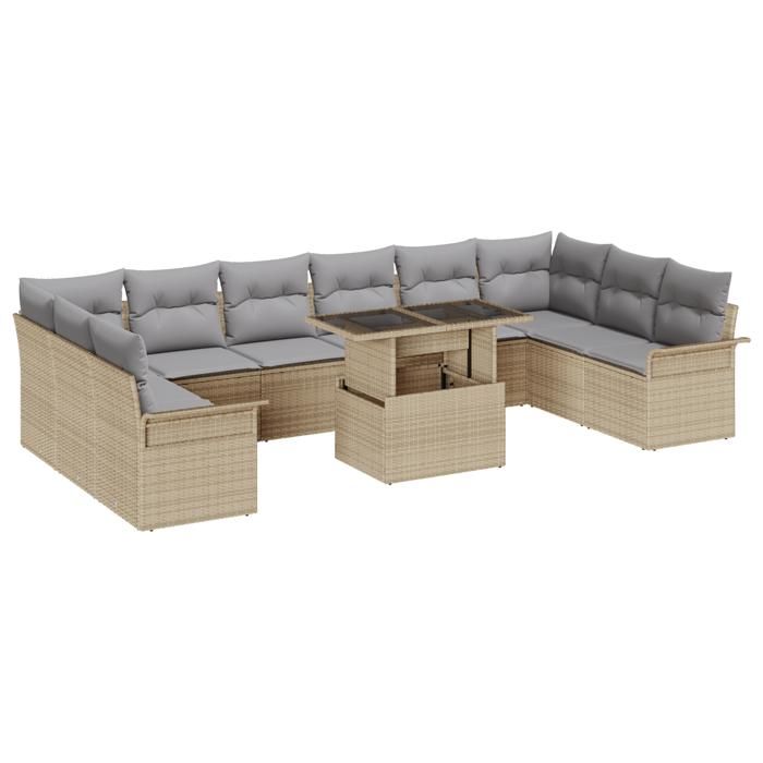Ensemble de Canapés de Jardin de 11 Pièces avec Coussins Beige Poly Rattan, Canapé de Jardin 2 Places avec Rangement 3357093
