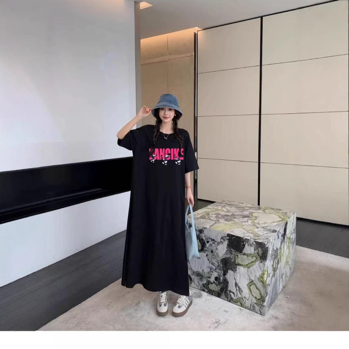 

Женское простое повседневное платье с круглым вырезом и короткими рукавами, летнее платье средней длины с разрезом 4XL чёрный