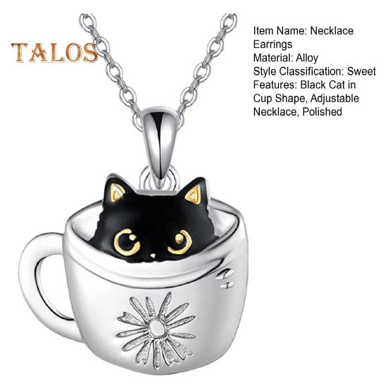 Women Necklace Hook Earrings Black Cat in Cup Shape Adjustable Necklace Birthday Anniversary Gift Alloy Neck Ear Jewelry for Daily Wear Parties