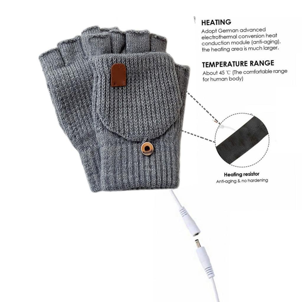 USB Heated Gloves Fingerless for Men Women Acrylic Fiber Electric Hand Warming Gloves for Winter Skiing Gaming Light Gray