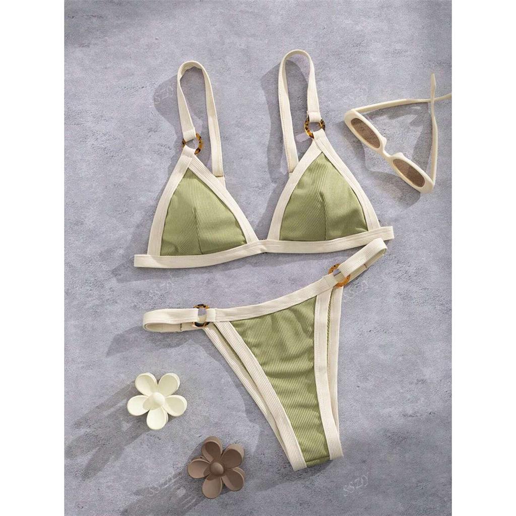Splicing Ribbed Bikini Women Swimwear Female Swimsuit Two-Pieces Bikini Set High Cut Leg Padded Bather Bathing Suit Swim V7694