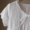 2025 Summer Korean Lace V-Neck Tie-Up Embroidered Short Sleeve Women's Shirt