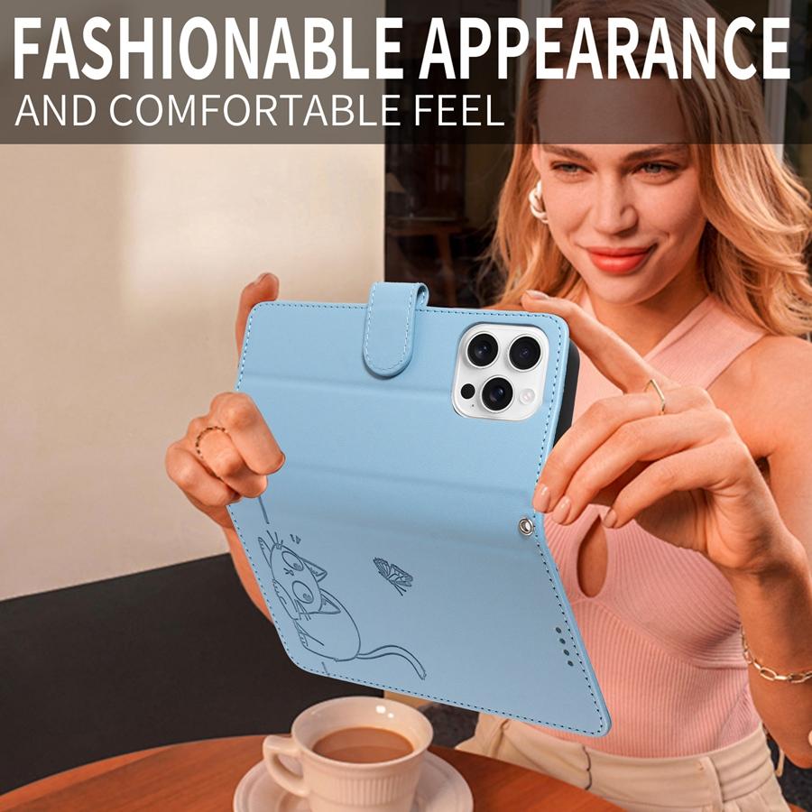 Embossed Butterfly and Cat Flip Case with 3 Card Slots and Stand for iPhone/Samsung/Xiaomi Redmi PU Leather Phone Wallet Case with Hand Strap