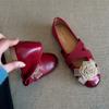 Sheepskin Version Retro Polished Camellia Mary Jane Single Shoes Flat Cross with Light Mouth Versatile Leather Ballet Shoes